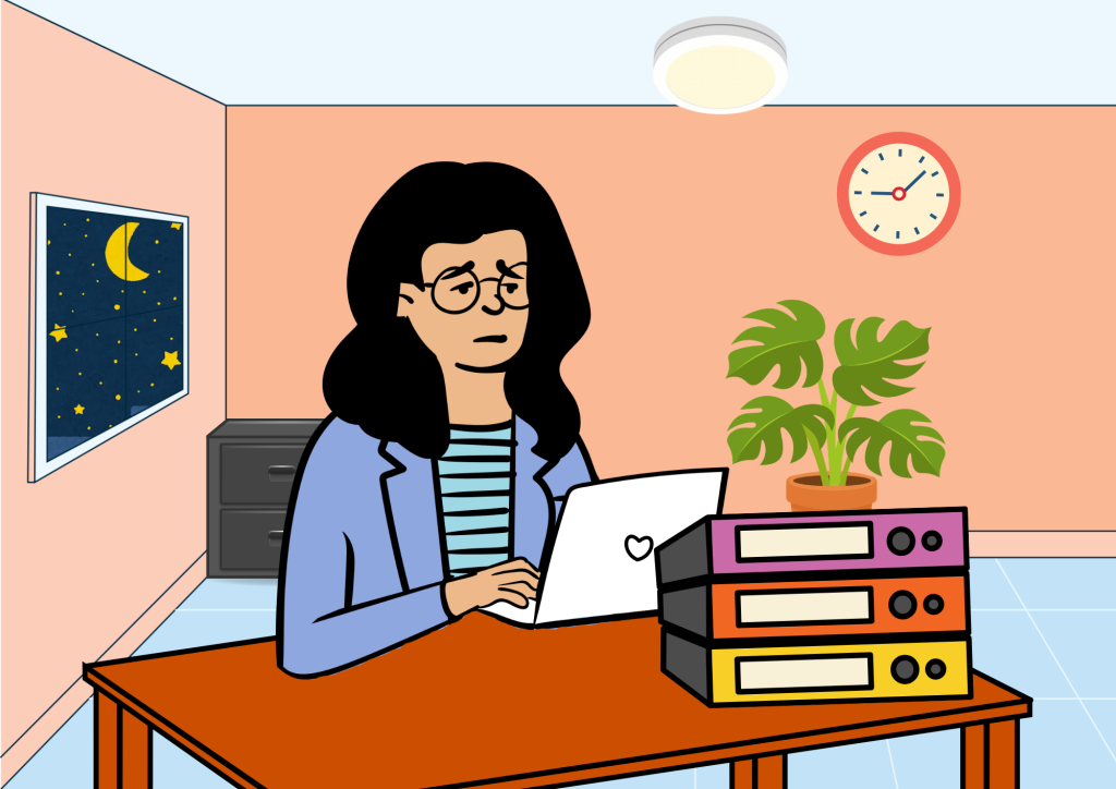 Natalie working late at night, preparing for the meeting with the headquarters